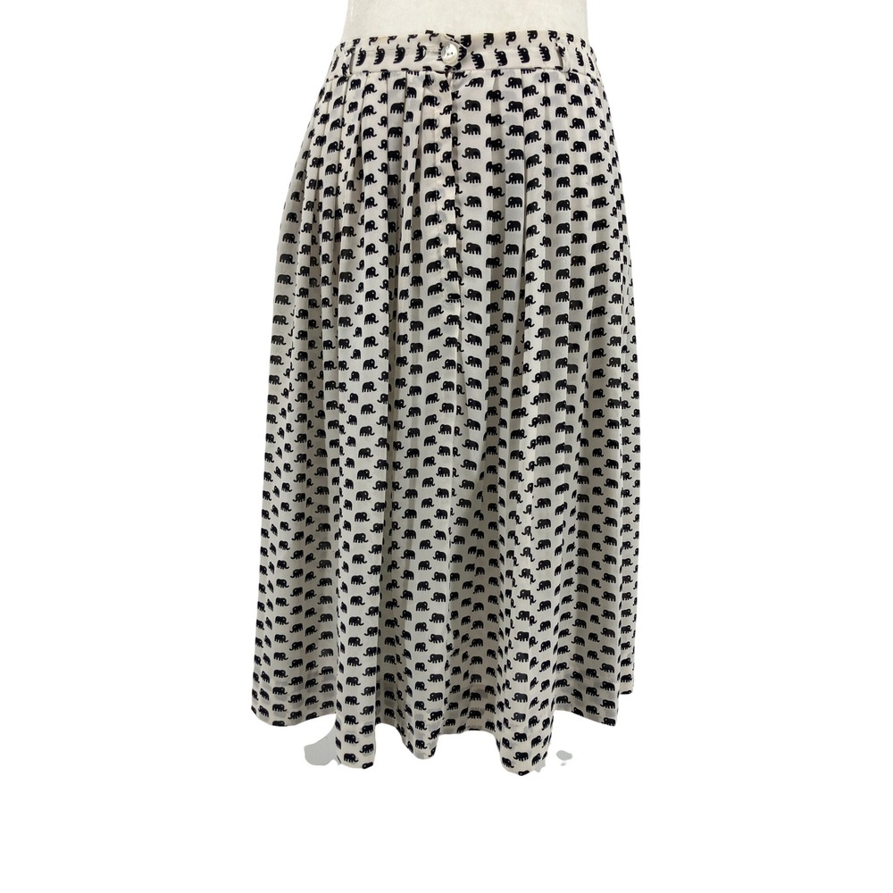 Campus Casuals Elephant Print Skirt Womens M White Good Vintage Pleated Midi